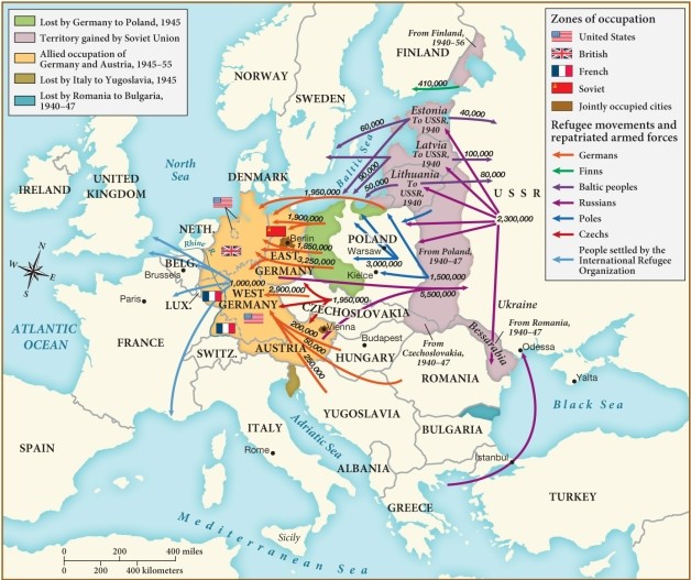 Which of the following statements best describes the movement of Russians after World War II? ​   ​ A)  Many Russians migrated south into Turkey and Greece to seek freedom. B)  Many Russians migrated west out of the USSR as refugees. C)  Many Russians migrated north to Finland and Sweden for better job opportunities. D)  Many Russians migrated to China in search of cultural variety.