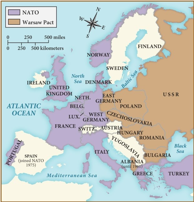 According to this map, which of the following European nations was part of the Warsaw Pact? ​   ​ A)  France B)  Italy C)  Poland D)  Yugoslavia