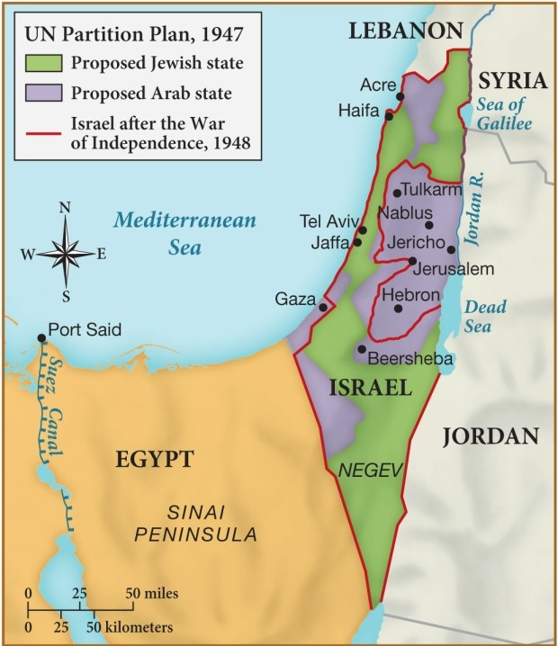Based on the data appearing on this map, what contributing factor to later Middle Eastern tensions is evident? ​   ​ A)  Before 1948, Israel controlled lands beyond the Jordan River. B)  Upon its creation, Israel absconded lands not proposed for it in 1947. C)  Israel assumed sovereignty over the Sinai peninsula. D)  The holy city of Tel Aviv was controlled by Palestinians.