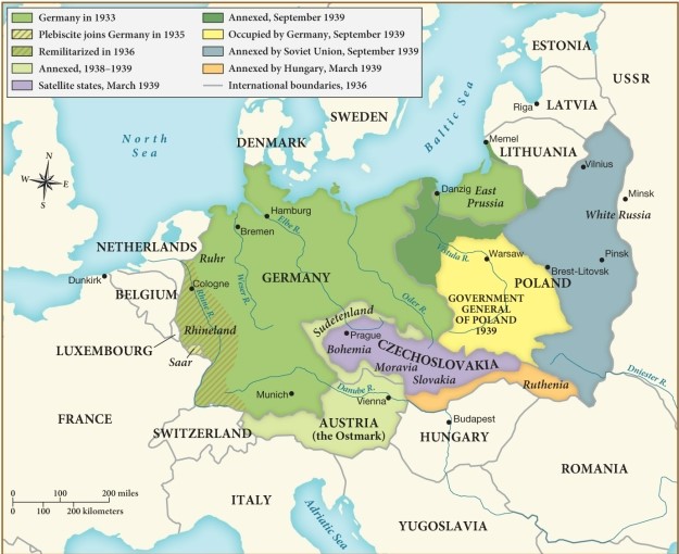 According to this map, which of the following regions was annexed by Germany in 1939? ​   ​ A)  Hungary B)  Ruthenia C)  Lithuania D)  Poland