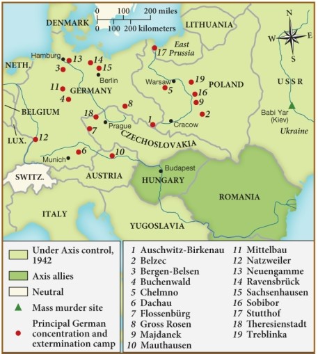 Which statement about the Final Solution is justified by this map? ​   ​ A)  Switzerland participated in the Final Solution. B)  Camps were established in Denmark and Italy. C)  Poland was the site of the most camps outside German territory. D)  All German camps were established along rivers.