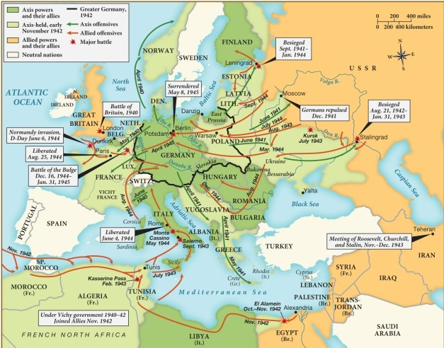 Based on this map, the first major battle that helped to kick off World War II occurred in   ​ A)  Great Britain. B)  France. C)  Italy. D)  Greece.