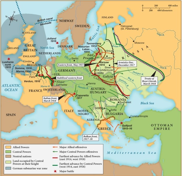 Which of the following statements regarding World War I is supported by this map? ​   ​ ​ A)  The Central Powers were unable to advance further east than Poland. B)  Great Britain had no use for its navy, as most battles were fought on mainland Europe. C)  The western front stabilized along the eastern border of France. D)  Italy remained neutral for most of the war.