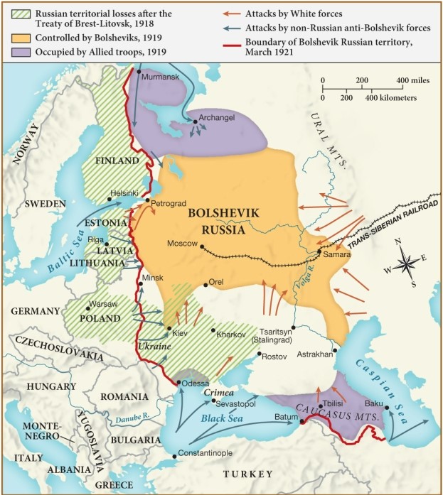 According to this map, which of the following territories did Russia lose after the Treaty of Brest-Litovsk? ​   ​ A)  Moscow B)  Poland C)  Italy D)  Turkey