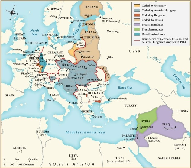 According to this map, which of the following countries was negatively impacted by the peace settlements reached after World War I in terms of territorial control? ​   ​ A)  France B)  Russia C)  Great Britain D)  Romania