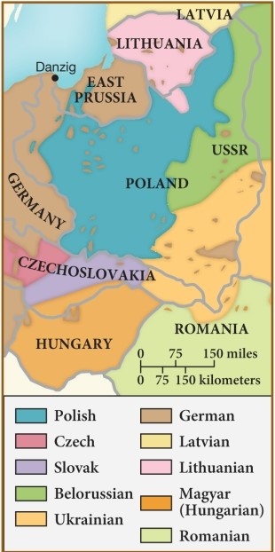The recreation of Poland after World War I, as evidenced by this map, brought with it ​ ​   ​ A)  economic prosperity. B)  an end to Russian intrigue. C)  ethnic tensions. D)  a landlocked nation.