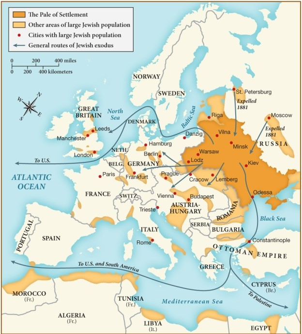 Which of the following statements best describes the migration of Jews during the late nineteenth century? ​   ​ A)  Jews migrated south of Europe into Africa, where religion had not been strongly established. B)  Jews primarily migrated out of western Europe, which was predominantly Catholic, to eastern Europe. C)  Jews left their eastern European home countries and migrated south to Middle Eastern territories. D)  Jews primarily migrated out of eastern Europe to the west, even to nations across the Atlantic Ocean.