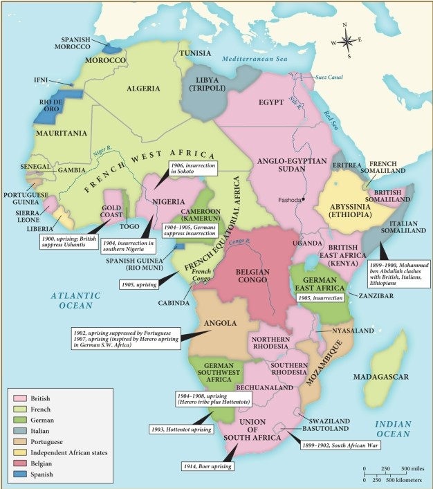 This map of Africa in 1914 justifies which of the following statements? ​   ​ A)  The Spanish and the Germans were Africa's major colonizing powers. B)  Africans, like Asians, were challenging their European colonizers at this time. C)  European powers had claimed the entirety of the continent by World War I. D)  Industrialization had begun in earnest in South Africa only in 1914.