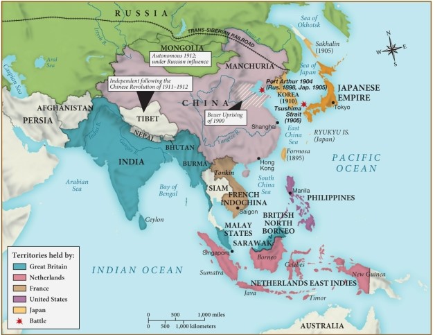 According to this map, Great Britain controlled which of the following territories during the late nineteenth and early twentieth centuries? ​   ​ A)  Indochina B)  The East Indies C)  India D)  Korea