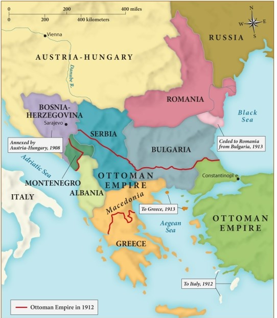 Which of the following statements about the Balkans during the early twentieth century is supported by this map? ​   ​ A)  The Austro-Hungarian Empire laid claim to smaller nations like Serbia and Bulgaria. B)  Russia had expanded significantly, eclipsing most of Austria-Hungary. C)  By 1912, the Ottoman Empire was composed of ethnically and culturally diverse peoples. D)  Wanting greater influence, Great Britain began to annex territories in the Balkans.