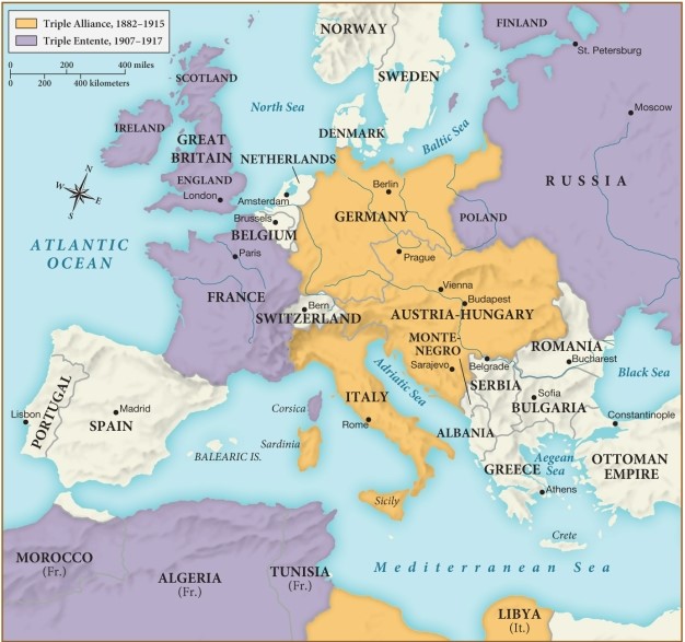 According to this map, which of the following nations was part of the Triple Alliance from 1882 through 1915? ​   ​ A)  Great Britain B)  France C)  Russia D)  Germany
