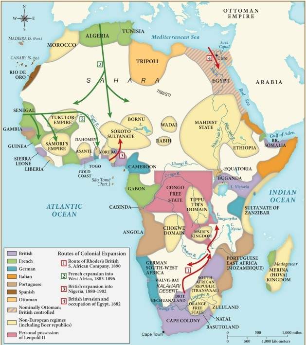 Which of the following statements is supported by this map? ​ ​   ​ A)  Most African colonies had gained independence from European powers by the 1890s. B)  By the 1890s, most of Africa was colonized by Germany and Italy. C)  The British were primarily concerned with securing territory along the coast of Africa at this time. D)  The French sought to expand further into the interior of West Africa in the 1890s.
