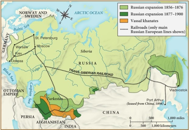 Based on this map, as Russia expanded its territory through 1900, it also ​   ​ A)  fortified its relationship with the Ottoman Empire. B)  decreased its industrial capacity. C)  expanded the lines of the Trans-Siberian Railroad. D)  established major cities in its eastern region.