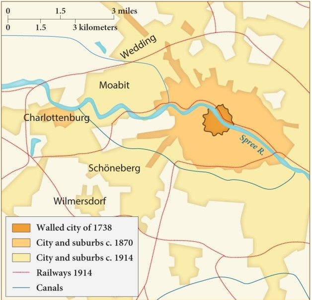 According to this map, what is the likely relationship between the establishment of railways and canals and the territory of the city of Berlin? ​   ​ A)  As railroad lines were built, much of Berlin contracted closer to the walled city of 1738. B)  More people could live comfortably within the walled city as railroads were established. C)  As more modes of transportation emerged, the limits of the city and suburbs expanded. D)  Canals were more effective than railways at expanding city limits.