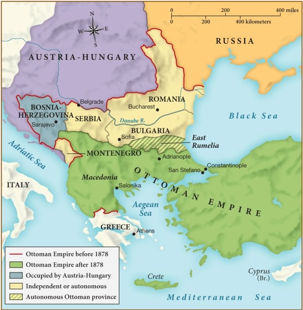 How did the Ottoman Empire change after 1878? ​ ​   ​ A)  It was wiped out entirely by efforts at expansion from Austria-Hungary and Russia. B)  It decreased in size as Romania, Bulgaria, Serbia, and Bosnia-Herzegovina became their own territories. C)  It increased its territorial claims by occupying East Rumelia. D)  It gained access to critical trading posts in the Mediterranean, Aegean, and Black Seas.