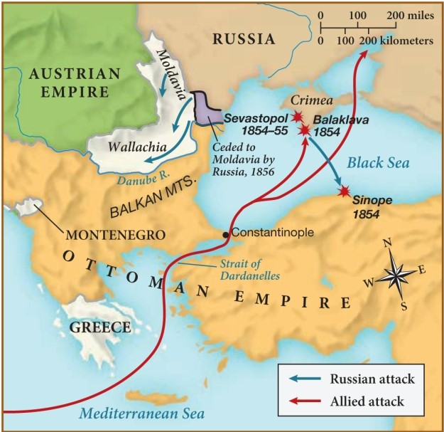 According to this map, which of the following was likely one of Russia's goals during the Crimean War? ​ ​   ​ A)  To take control of Greece B)  To establish trade routes in the Black Sea C)  To expand territorial control in the west and the southeast D)  To install a democratic government in the Austrian Empire
