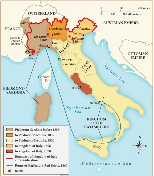 According to this map, what did the kingdom of Italy gain in 1870? ​   ​ A)  Rome B)  Full control of the Mediterranean Sea C)  Venice D)  Better trade routes