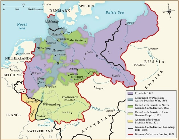 Which of the following statements regarding the unification of Germany is supported by this map? ​   ​ A)  The territories of Alsace and Lorraine were ceded to France from the German Confederation following the Franco-Prussian War. B)  By 1871, the Austrian Empire had fully become part of the German Empire as a result of the Austro-Prussian War. C)  The German Empire gained most of its territory in 1871 following the unification of Prussia and the Kingdom of Bavaria. D)  The German Empire gained most of Poland and Switzerland by the end of the Franco-Prussian War.