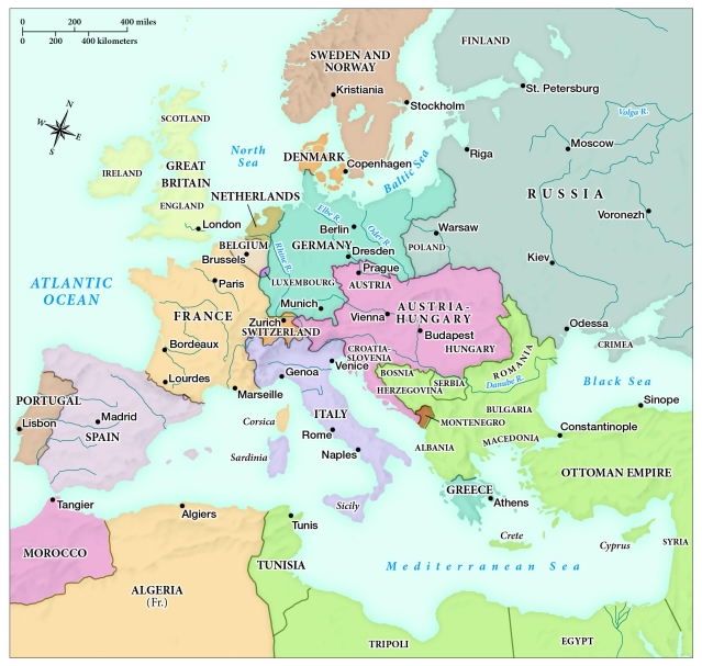 Based on this map, which of the following European nations posed the greatest threat to the declining Ottoman Empire by 1871? ​ ​   ​ A)  Denmark B)  Sweden and Norway C)  Great Britain D)  Austria-Hungary