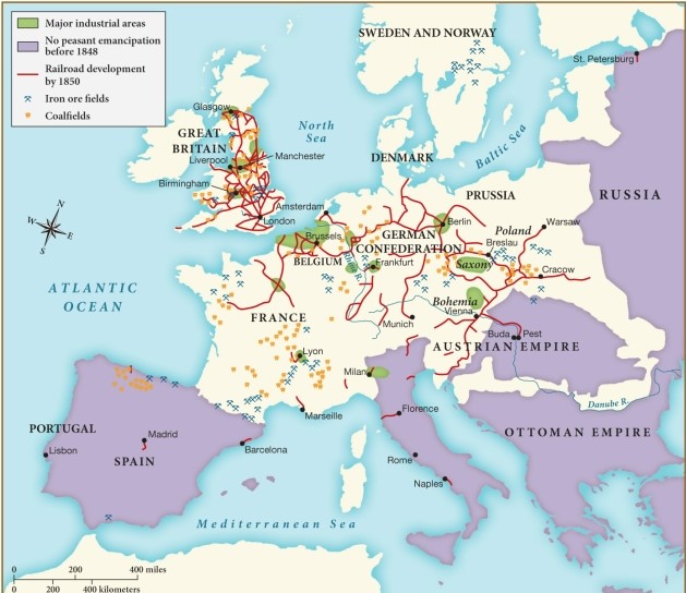 According to this map, which of the following countries dominated in the mining of coal around 1850? ​ ​   ​ A)  Prussia B)  Russia C)  Spain D)  Great Britain