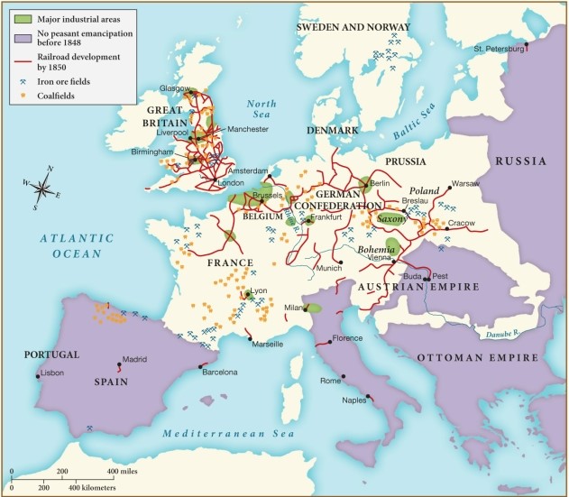 This map portraying European industrialization in the middle of the nineteenth century indicates a strong geographic connection between   ​ A)  railroads and peasant emancipation. B)  industrialization and peasant emancipation. C)  peasant emancipation and coal production. D)  iron manufacture and railroads.