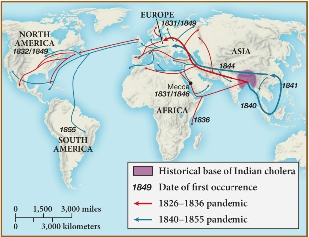 According to this map, which region experienced cholera only during its second wave, from 1840 through 1855? ​ ​   ​ A)  North America B)  Asia C)  South America D)  Africa