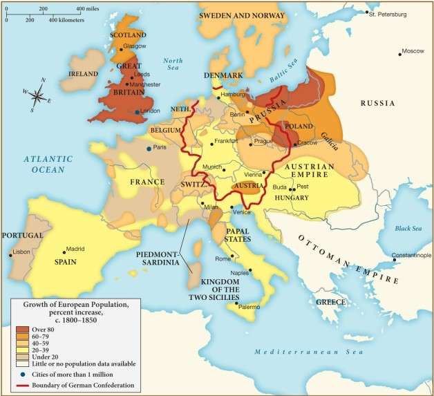 During the nineteenth century, industrialization often led to a significant increase in population in the region that had industrialized. Based on this map, which of the following European nations likely had very little, or very slow, industrial development during this time? ​   ​ A)  Poland B)  Prussia C)  Great Britain D)  Portugal
