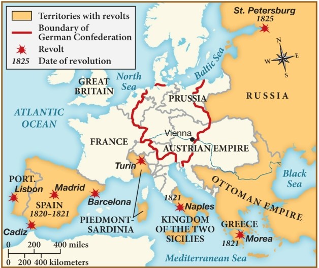 According to this map, which European state was the first to experience an attempted revolution during the 1820s? ​   ​ A)  Spain B)  Russia C)  Prussia D)  The Austrian Empire