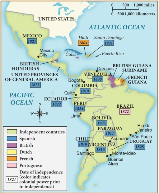 Napoleon's occupation of Spain significantly weakened the country during the early 1800s. How is that reflected in this map? ​   ​ A)  Spain shifted its focus to seizing territory from the United States in North America instead of focusing on its South American colonies. B)  Spain had to cede their colonial holdings in South America to France during this time as part of Napoleon's demands. C)  Spain was able to focus their efforts on strengthening their presence in South America, since they had little control over their home country. D)  Spain could no longer exert sufficient control over their colonies in South America and lost many from the 1810s through the 1830s.