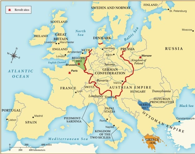 According to this map, which of the following European countries experienced revolt during the 1830s? ​   ​ A)  Great Britain B)  Greece C)  Spain D)  Belgium