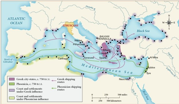 Based on this map, who did Greek city-states tend to trade with from 750 to 500 B.C.E.? ​   ​ A)  Other Greek city-states and settlements under Greek influence B)  Phoenicia C)  Settlements under Phoenician rule D)  The Etruscans
