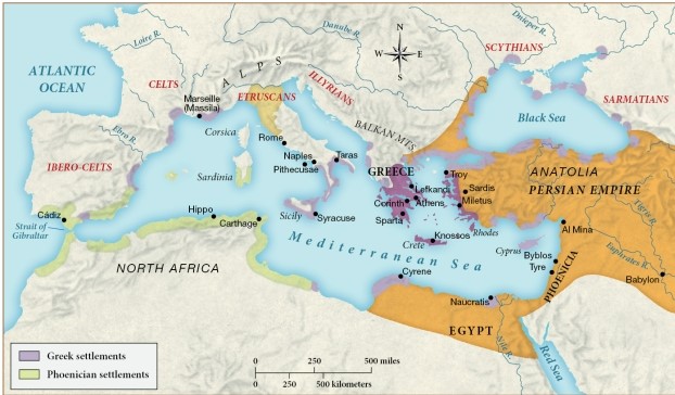 By 500 B.C.E., most of the Phoenician settlements were located ​   ​ A)  within the Persian Empire. B)  north of Greece. C)  in North Africa. D)  along the Red Sea.
