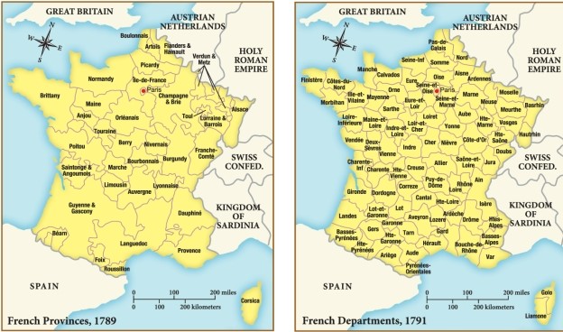 The change that this map depicts to France's geography exemplifies the ​ ​   ​ A)  expansion that occurred as a result of the French revolutionary wars. B)  permanent administrative changes occasioned by the French Revolution. C)  King Louis XVI's reforms designed (unsuccessfully)  to avert revolution. D)  massive irrigation projects carried out under Maximilien Robespierre.