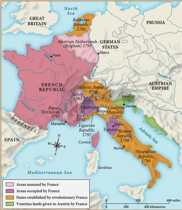 Which of the following statements is supported by this map of France in the 1790s? ​ ​   ​ A)  France lost a considerable amount of territory during this time. B)  France and Germany aligned with one another to form a Franco-German empire. C)  Many regions that were under French control were liberated during this time. D)  France expanded its territorial claims significantly during this time.