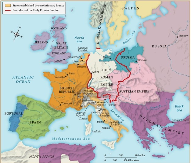 According to this map, what did the Neapolitan, Roman, and Helvetic Republics all have in common? ​ ​   ​ A)  All of these republics were part of the Holy Roman Empire. B)  These republics served as the model for the United States government. C)  All of these republics were established by revolutionary France. D)  Each of these republics gained their freedom from Germany by 1799.