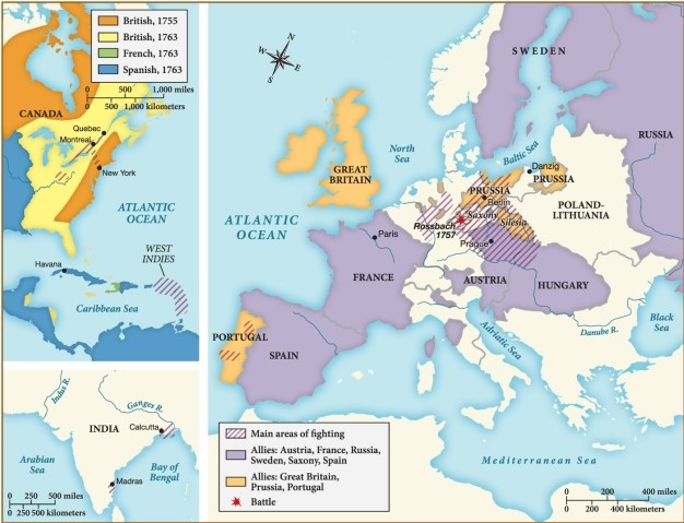 Which of the following statements regarding the Seven Years' War is supported by this map? ​   ​ A)  Russia allied with Prussia and Portugal during the war. B)  The British lost a considerable amount of territory following the war. C)  France and Great Britain were on the same side during the war. D)  Most of the fighting happened in Prussia, Austria, and Hungary.