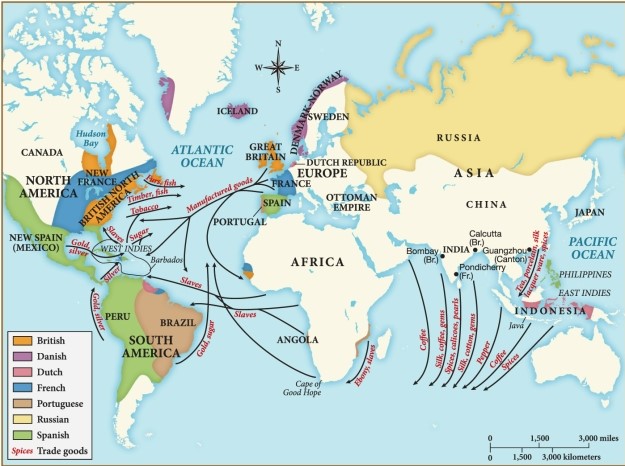 This map of European trading patterns c. 1740 demonstrates that, by the middle of the eighteenth century, ​ ​   ​ A)  Asia was almost entirely imperialized by European powers. B)  seventeenth-century mercantilism was widely adopted in Europe. C)  European powers had settled the entirety of the Americas. D)  Christianity had expanded to all the world's settled colonies.
