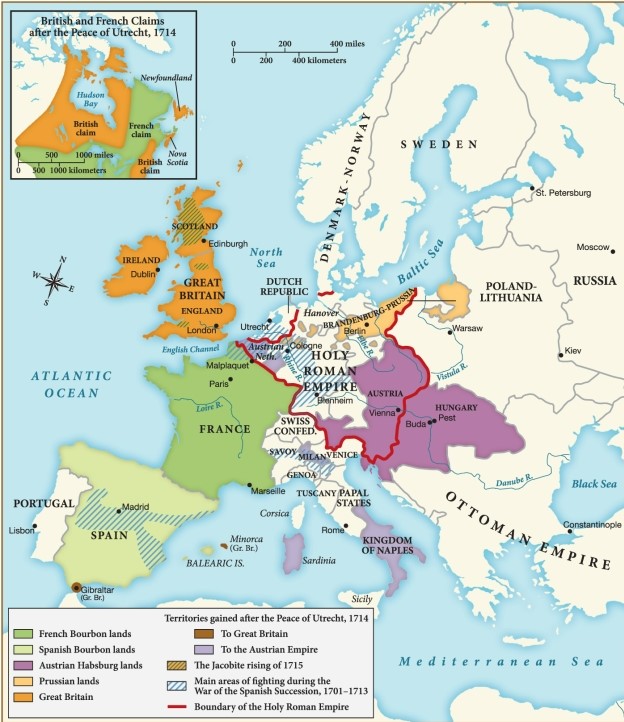 According to this map, which of the following was a result of the Peace of Utrecht in 1714? ​ ​   ​ A)  Spain regained control of Gibraltar. B)  The Jacobites engaged in revolt and uprising. C)  The Austrian Empire gained the Kingdom of Naples and Sardinia. D)  Great Britain lost all territorial claims in North America.