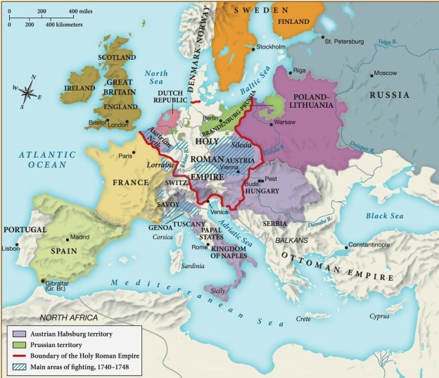 Which of the following statements about Europe by 1750 is supported by this map? ​ ​   ​ A)  Significant amounts of conflict occurred in the Holy Roman Empire for nearly all of the 1740s. B)  Great Britain expanded its empire by seizing territories within the Holy Roman Empire. C)  Poland-Lithuania began to encroach on Russian territory, despite Peter the Great's efforts to expand Russia. D)  France established itself as a Catholic nation and became part of the Holy Roman Empire.