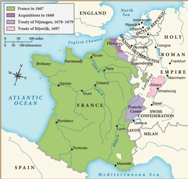 Which of the following statements is supported by this map? ​   ​ A)  Louis XIV was not interested in expanding France's territorial controls during this time. B)  The territory controlled by France dramatically decreased by 1697. C)  Louis XIV was able to expand France by acquiring territory through the passage of treaties. D)  France maintained a clear and strictly defined border with the Holy Roman Empire.