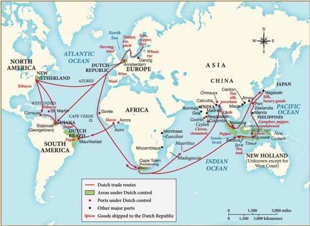 According to this map, South American territories primarily exported which good to the Dutch Republic during the seventeenth century? ​ ​   ​ A)  Sugar B)  Cinnamon C)  Tobacco D)  Tea