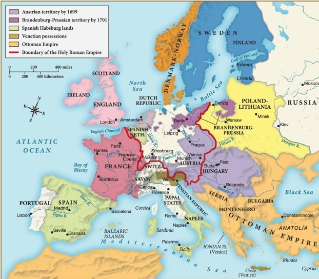 Which of the following statements about Europe at the end of the seventeenth century is supported by this map? ​ ​   ​ A)  By this time, most of the Holy Roman Empire was French territory. B)  Austria expanded its territory by acquiring lands from the Ottoman Empire. C)  Brandenburg-Prussia united its territories by seizing land from Poland-Lithuania. D)  Spain lost a considerable amount of territory to the Ottoman Empire.