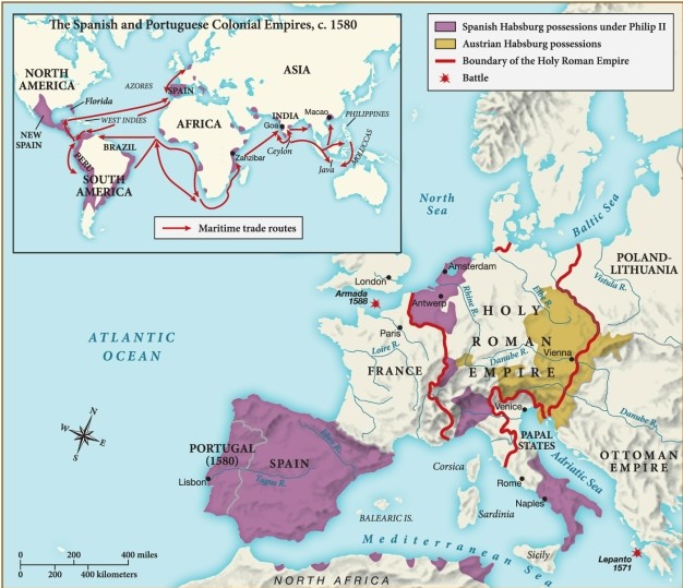 Which of the following statements is supported by this map? ​   ​ A)  Philip II held territory on nearly every explored continent in the sixteenth century. B)  Philip II reigned over the entire Holy Roman Empire during the sixteenth century. C)  Austrian Habsburg territorial possessions in the sixteenth century outweighed those of Philip II. D)  The Austrian Habsburgs ruled over most of Asia by the sixteenth century.