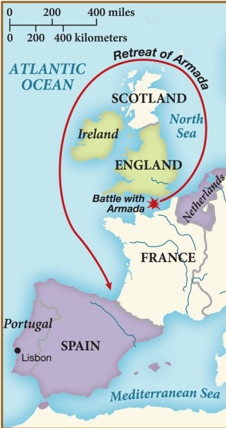 The events depicted in this map ​ ​   ​ A)  predated the Spanish victory at Lepanto. B)  were one of the greatest victories of Philipp II of Spain. C)  saved the English from a Spanish invasion. D)  brought the Catholic Church back to England under Mary.