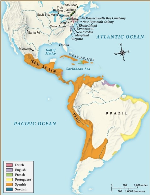 According to this map, which European nation was the most successful at colonizing the Americas in the seventeenth century? ​   ​ A)  Denmark B)  France C)  Spain D)  Sweden
