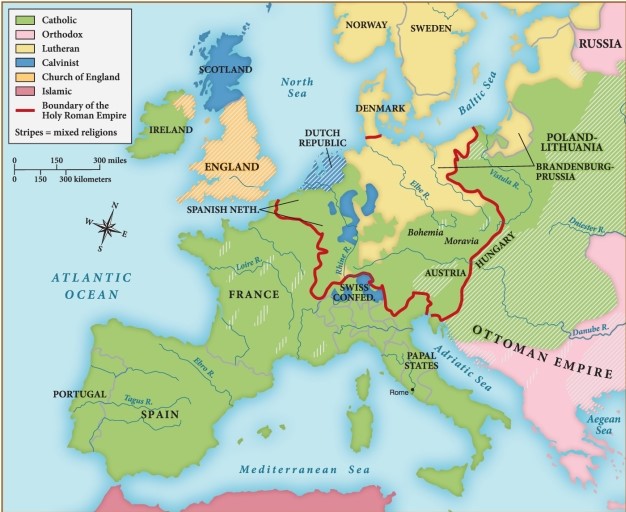 By about 1648, western and central Europe were primarily ​ ​   ​ A)  Calvinist. B)  Lutheran. C)  Orthodox. D)  Catholic.