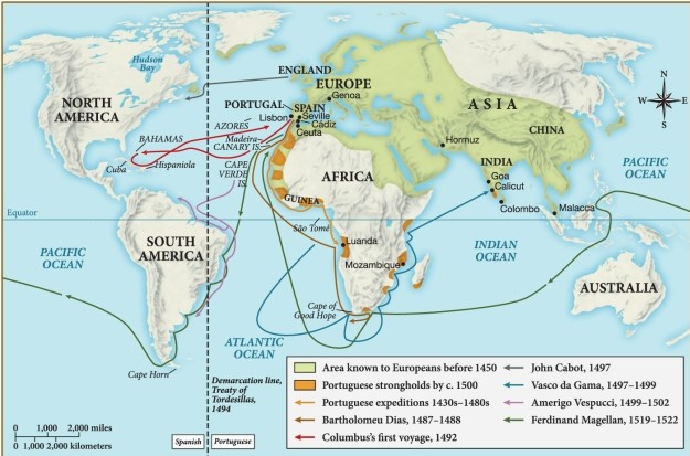 Which of the following statements is supported by this map? ​   ​ A)  Much of Asia was unknown to Europeans before 1450 when Vasco da Gama sailed to India. B)  The Spanish led voyages near the Americas, while Portugal led voyages near Africa. C)  Spain set up several colonies in Africa as a result of frequent voyages and travels south of Europe. D)  Christopher Columbus can be credited for the discovery of Australia as well as a variety of islands in the Indian Ocean.