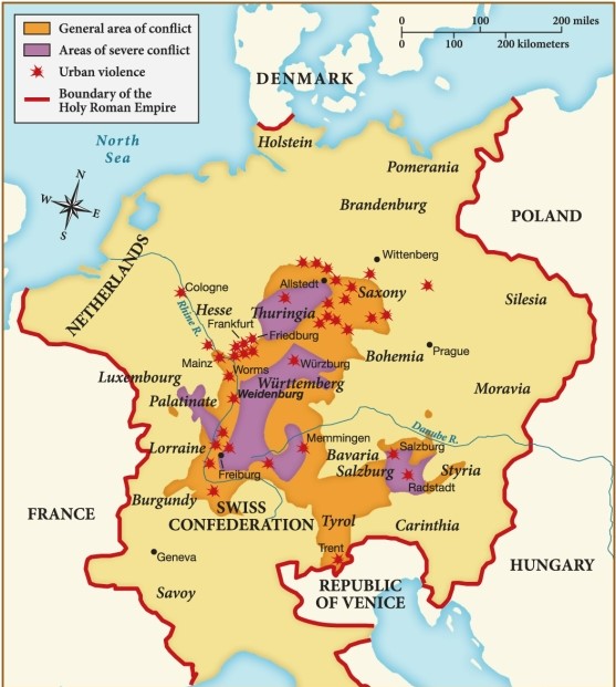 According to this map, most of the urban violence during the Peasants' War in 1525 occurred ​ ​ ​   ​ A)  in areas of general conflict. B)  along the borders of the Holy Roman Empire. C)  in the Netherlands D)  in areas of severe conflict.