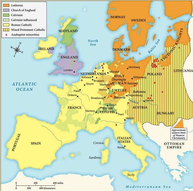 In this map of the Protestant Reformation, c. 1560, which body of water can be said to be a conduit for Protestant expansion? ​ ​   ​ A)  The Atlantic Ocean B)  The Danube River C)  The Mediterranean Seat D)  The Baltic Sea