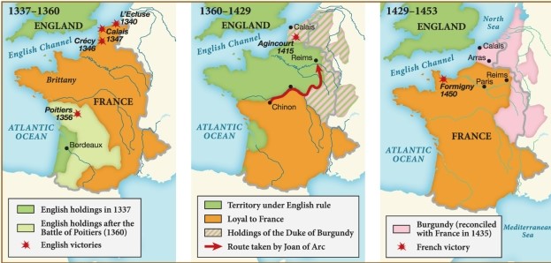 Which of the following statements is supported by this series of maps? ​   ​ A)  Over the course of the Hundred Years' War, England lost its holdings in mainland Europe to France. B)  During the Hundred Years' War, France lost a considerable amount of territory to England. C)  The French won far more battles during the Hundred Years' War than England. D)  Joan of Arc led forces north through English territory, across the English channel, and into England.